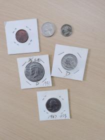 美国硬币一套，1、5、10、25分，半美元、1美元，罗斯福，华盛顿，杰弗逊，肯尼迪，苏珊，等