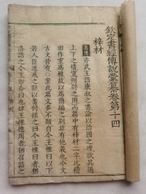 清中期官刻本《钦定书经传说汇纂》卷14,23.5个筒子页,尺寸17.5x25.5cm.自然老旧,轻微虫蛀破损,第六页破损较严重,第十二页也有破损,整书有水渍,部分筒子页中缝开裂,不议价.