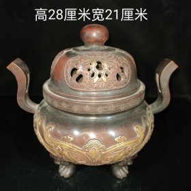 J珍藏紫铜鎏真金香炉，《底款:大明宣德年製》重约7.58公斤，