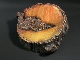 旧藏红丝砚 古木生花树桩款：水竹村人（徐世昌）