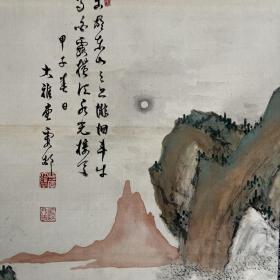 日本近代画僧大雅堂霞村作品，青绿东坡赤壁图，绢本绫裱，漆木轴头，画心123.3*34。160