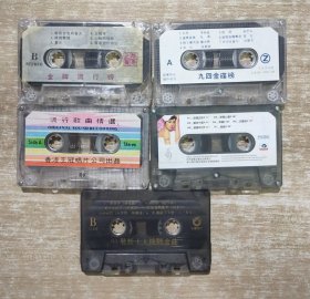磁带 裸盘 (5盘合售) 流行歌曲：金牌流行榜，九四金碟榜，94最新十大挑战金曲，流行歌曲精选，(招牌动作，单身公寓，看我72变，青春梦，美少女战士，小芳，花心，吻别，偷心，同桌的你爱火等) 25030450
