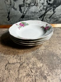 70年代，景德镇灯笼款花卉23厘米折腰折腰盘子4只合售y