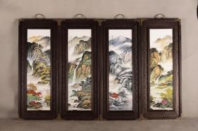 红木包铜皮框镶粉彩山水瓷板画挂屏一组《江山如画》p