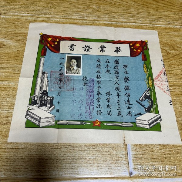 1954年毕业证书（品相如图，介意者慎拍）