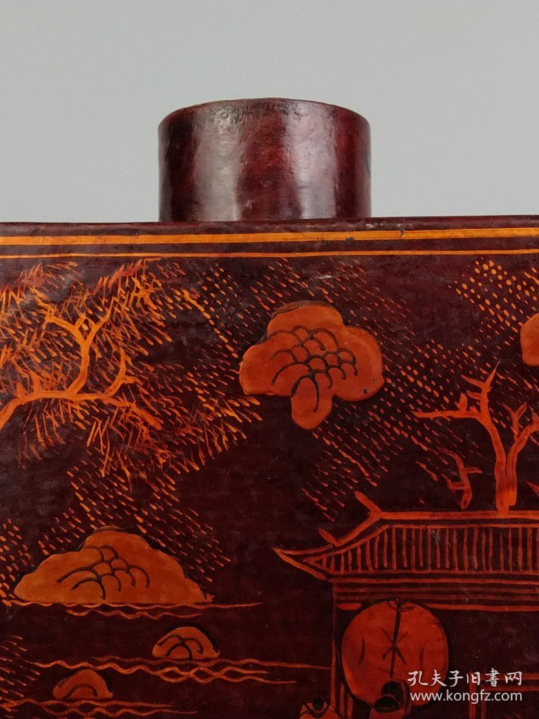 旧藏 【茶食罐】 大漆人物描金，牛皮包边，全品完整，尺寸如图！