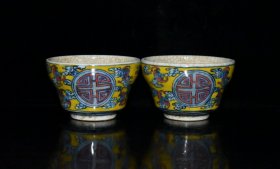 清代康熙黄釉开片青花釉里红福寿纹杯一对 古玩古董古瓷器老货收藏