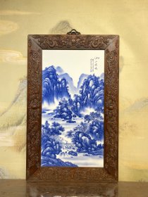 王步作品红木雕龙镶瓷板画青花山水江山揽胜挂屏 高100厘米 宽60厘米