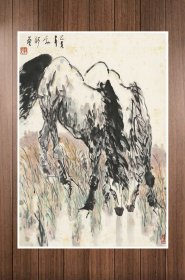 刘勃舒 饮马图 58x40cm宣纸高清微喷装饰画芯 国画临摹鉴赏范例