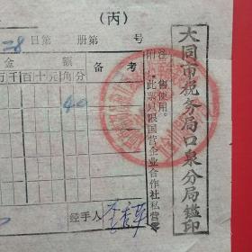 1972年11月28日，火盖，大同市南郊区糖业烟酒总店革命委员会五金山货门市部，大同市口泉邮电局。（生日票据，大同专题2，日用百货类收据）（40-7）