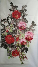 手绘国画牡丹（4）花开富贵新中式入户玄关装饰画斗方挂画餐厅壁画