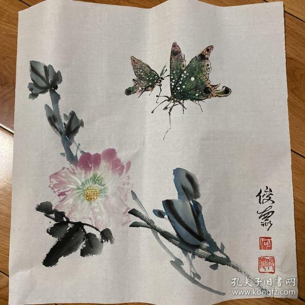 手绘真迹国画：四川著名画家何俊德花鸟画《牡丹花花与蝴蝶》2023/08/02