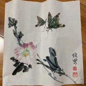 手绘真迹国画：四川著名画家何俊德花鸟画《牡丹花花与蝴蝶》2023/08/02