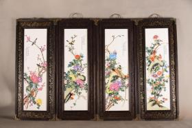 红木包铜皮框镶粉彩花鸟瓷板画挂屏一组《锦堂富贵》c