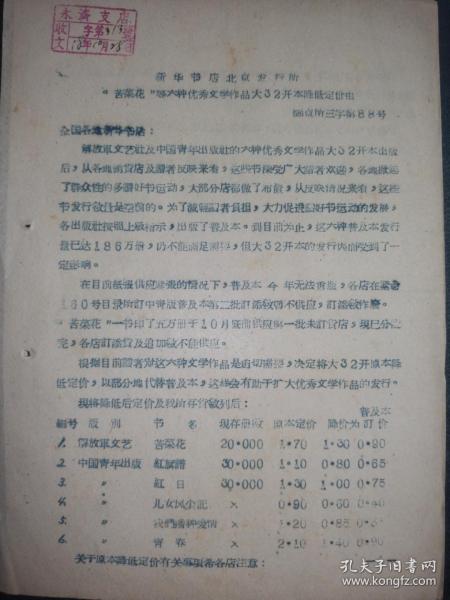 1958年新华书店，苦菜花，红旗谱，红日等六种优秀文学作品畅销降价的通知