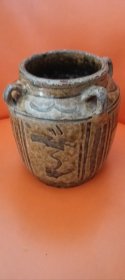 马口窑四开光花卉四耳油壶，口径9cm，底径10cm，高12.5cm，