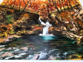手绘油画 黔灵山龙潭秋景
