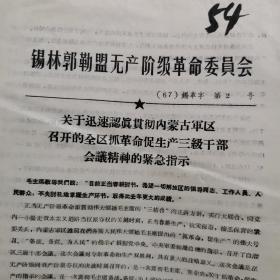 1967年 锡林郭勒盟 关于迅速认真全区抓革命促生产三级干部会议精神的紧急指示