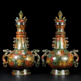 和田玉旧藏回流 精品漆器双龙耳玉瓶 玉质细腻油润 包浆醇厚 沁色自然 雕工精湛流畅 品相完美 细节如图 尺寸40.3×23..5×17厘米 总重6647.5克