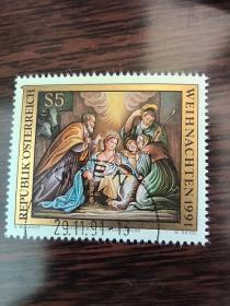 Ox0304外国邮票奥地利邮票 1991年圣诞节绘画（雕刻版）盖销 1全 邮戳随机