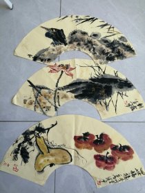 手绘国画蜡笔纸扇面3幅