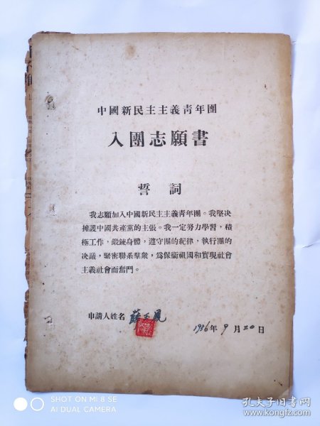 1956年入团志愿书1份