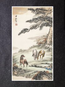 溥佐 松荫憩马 90x50cm宣纸高清微喷装饰画芯 国画临摹鉴赏范例