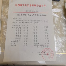 江西省文学艺术界联合会文件一一关于省文联1997年经费分配的通知