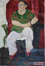 手绘布面油画：崔姗姗《坐着的女子》（88x59）