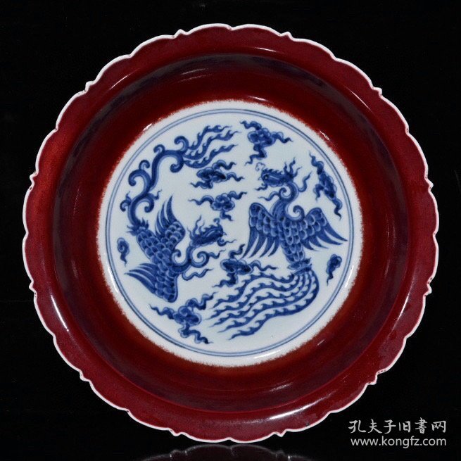 大明宣德红釉青花双凤纹盘（4.7×22cm）