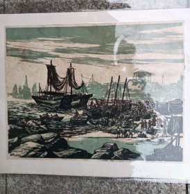 60年代版画，海岛渔民题材尺寸约65.5×34公分（含空白处），发快递卷起邮寄