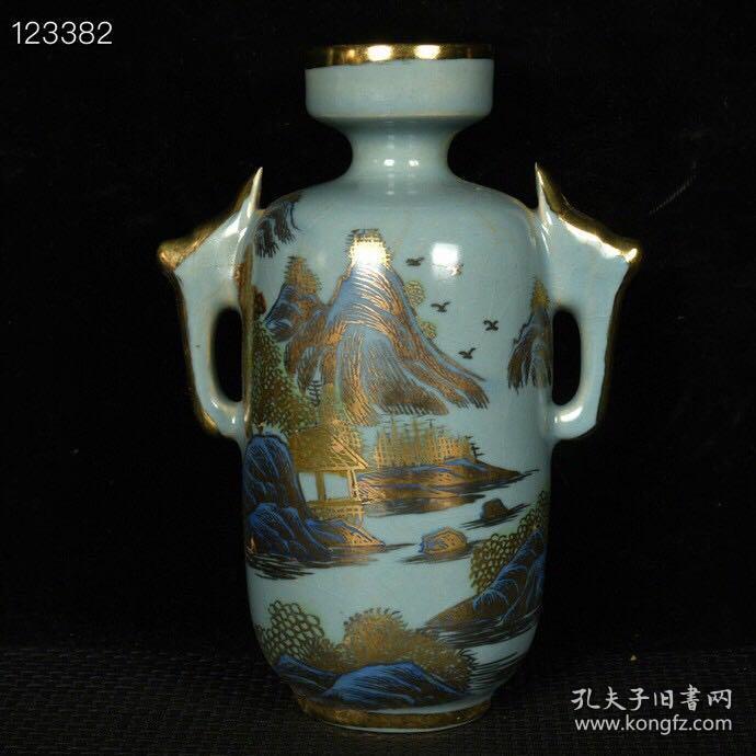 宋汝瓷崇宁元年清凉寺御制青釉加彩描金山水纹双耳盘口瓶