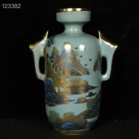 宋汝瓷崇宁元年清凉寺御制青釉加彩描金山水纹双耳盘口瓶