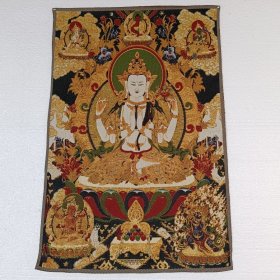 西藏佛像 尼泊尔唐卡画像 织锦画 丝绸绣 黄四臂观音唐卡刺绣