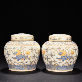 明成化蓝彩描金飞象纹夜光罐（萬贵妃铭文） 高14.8厘米 宽15厘米