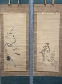 古筆梅妻鹤子图【圆山应举】 1733〜1795（63岁。幼名 岩次郎,22岁始号岩二、一啸、雪汀、洛阳山人,30岁时 取号夏云、仙岭、氐，33岁后多以应举署款，次岁因仰 慕中国元代画家钱选，故沿袭其字舜举为号，又取字仲 选、仲均，别号怀云、僵斋、星聚馆、鸭水渔夫，通称左源 太，时称主水。另外，1764 ~ 1780年间，曾以“藤应举” 署款,1781〜1788年间又时用“源应举”署款。