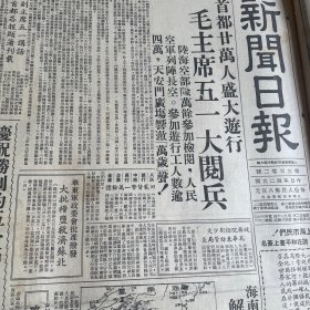 饶潄石、陈毅检阅工人纠察队！刘少文任华东纺织管理局局长！陈易副局长。【解放海南岛】解放嘉积，直逼榆林。【毛主席颁布命令五一施行婚姻法】天津工商联正式成立！李燭尘当选。青年团中央决定青年团团旗图样！叶飞报告福建省三个月来的情况！萧三。陈穆。中国人民保险公司开办职工团体火险。内汇市场正式成立。中长铁路火车女司机王宾鸿。《新闻日报》