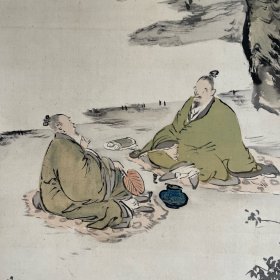 日本近代南画名家结城素明佳作，竹林高士图，绢本绫裱，无轴头，带双重木箱，以及画家本人信札一通，画心124.6*40.8。设色清雅，难得之作。盒254