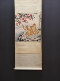 A 朱文侯 精品纸本双猴祝寿图 画心