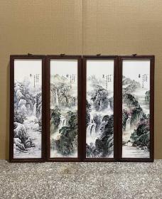 红木镶粉彩山水瓷板画挂屏一组！《春夏秋冬》1