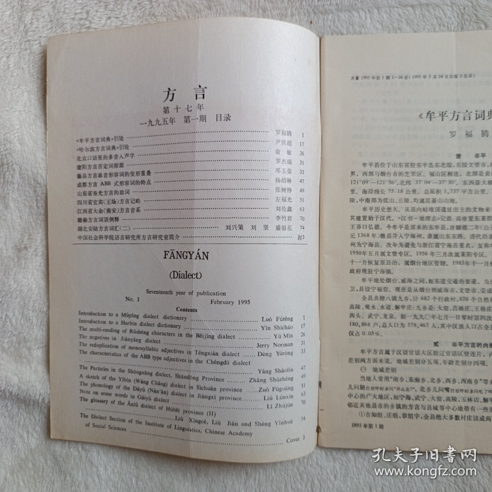 方言 1995年第1期，季刊，正文干净。牟平方言词典引论。哈尔滨方言词典引论。北京口语里的多音入声字。建阳方言否定词探源。藤县方言单音形容词的变形重叠。成都方言ABB式形容词的特点。山东省寿光方言的助词。四川省宜宾（王场）方言记略。江西省大余（南安）方言音系。赣榆方言词语例释。湖北安陆方言词汇（二）