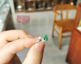 灵动娇艳:设镶新品:纯天然冰种起莹光辣阳绿翡翠水滴对宝伴18k白金钻石立体蝴蝶结女戒，主石冰莹，种老水长，同料满色辣阳绿翠色美艳伴18k白金渐变钻石镶立体蝴蝶结戒，指围13.5#，上身优雅藏配cma国检证书不刀价藏