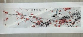 花鸟画，写意画法，秦少甫最得意的弟子，寒山老师的大作，寒山老师原名韩光前，现为河北省美协会员，寒山老师的真人真迹纯手绘作品，本人承诺假一赔万，支持第三方鉴定。老师的花鸟整个构图非常漂亮，画的很灵动，惟妙惟肖，写意画就是要看整个构图。尺寸：1.38米×34公分，四尺对开的，家里客厅，卧室，书房，茶室都可悬挂，宣纸画心已经托底了，回家可以直接装框，不用再装裱了。