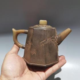 海外回流精品宜兴紫砂壶八方镶玉壶底款杨彭年纯手工制作原矿紫泥珍藏茶壶