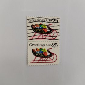 外国邮票 美国邮票圣诞节玩具礼物雪橇图案 新销2枚 如图