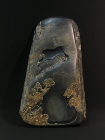旧藏老坑金晕歙砚 荷塘翠影款：汪由敦