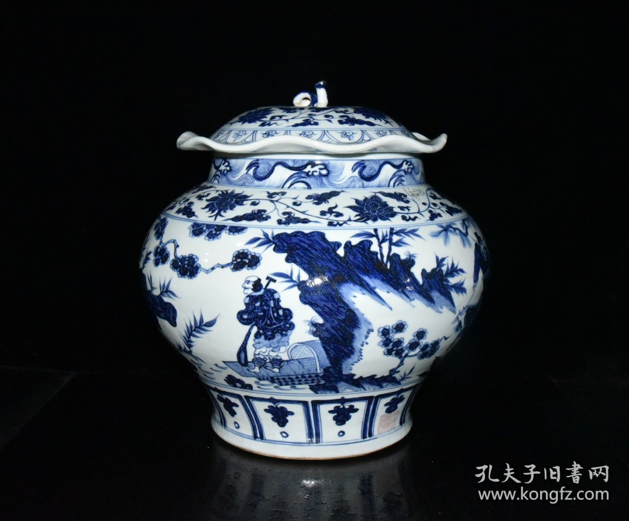 元波斯文青花萧何追韩信人物故事纹荷叶盖罐一对【36×35cm】