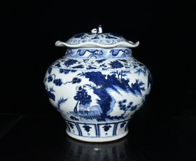 元波斯文青花萧何追韩信人物故事纹荷叶盖罐一对【36×35cm】