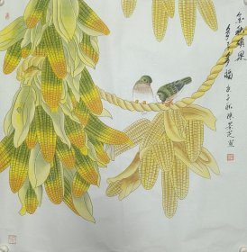 花鸟工笔斗方玉米