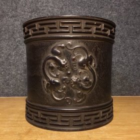 古董古玩笔筒，清代紫檀雕刻笔筒牛毛纹清晰，